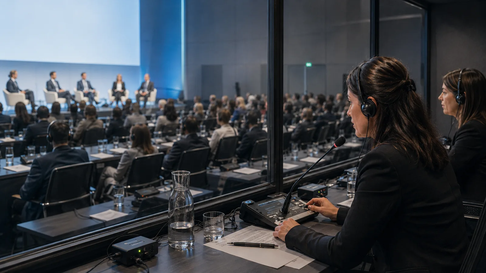 Congreso internacional con asistentes utilizando auriculares de interpretación