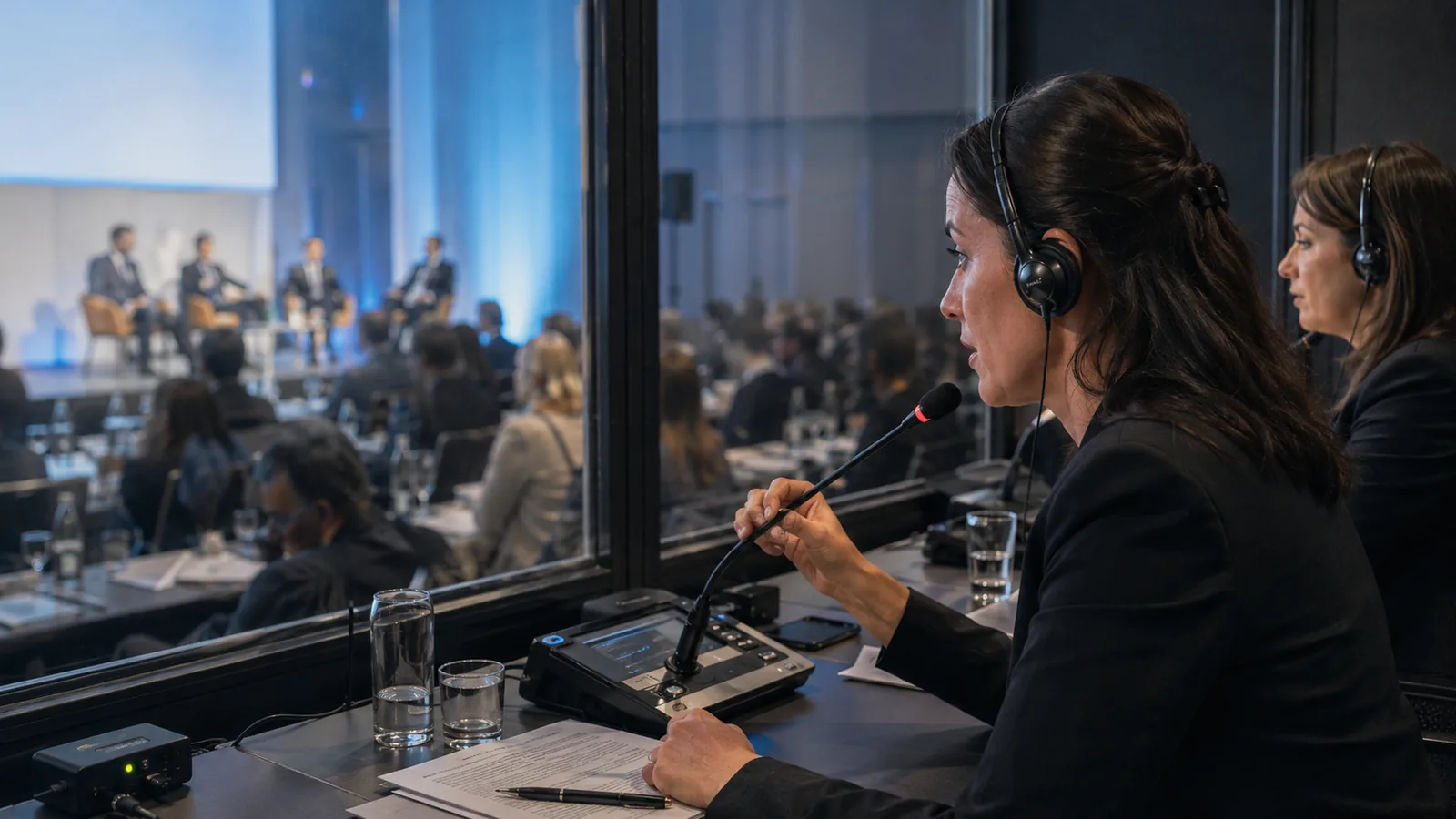Intérpretes trabajando desde cabina durante un congreso internacional